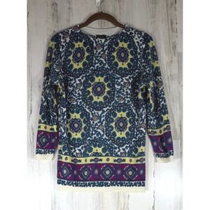 Talbots Sweater Medium Blue Yellow Medallion Print 100% Merino Wool 3/4 Sleeve